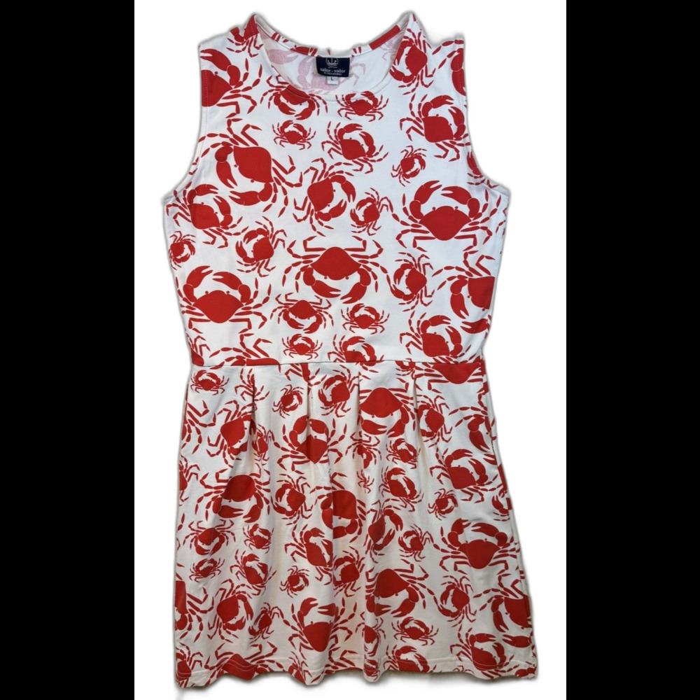 Sailor-Sailor Just Madras Boardwalk Dress L White Red Crab Pleated Nautical